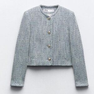 Zara blue & white cotton tweed herringbone blazer jacket - size Small (S) NWT